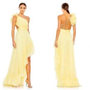 Mac‎ Duggal 67989 Yellow Ruffled One Shoulder Asymmetrical Maxi Gown NEW Size 10